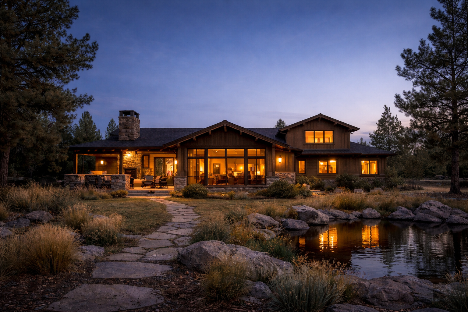 A warm retreat-style home glowing at dusk with stone pathway and natural water feature