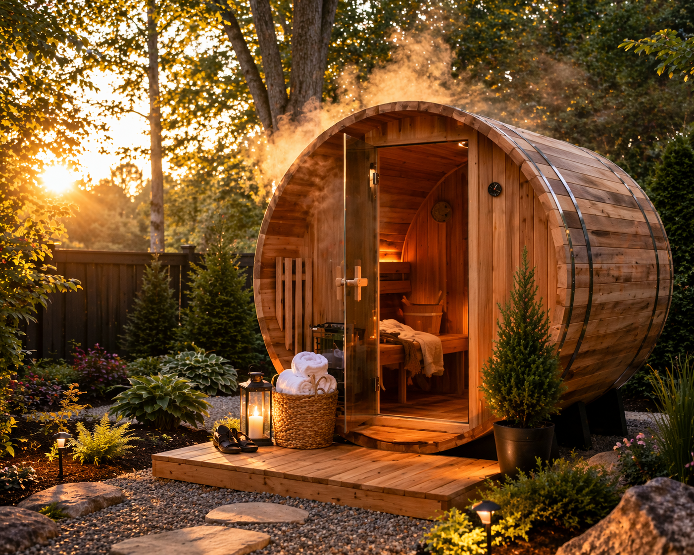Cedar barrel sauna in a lush backyard at golden hour with steam rising