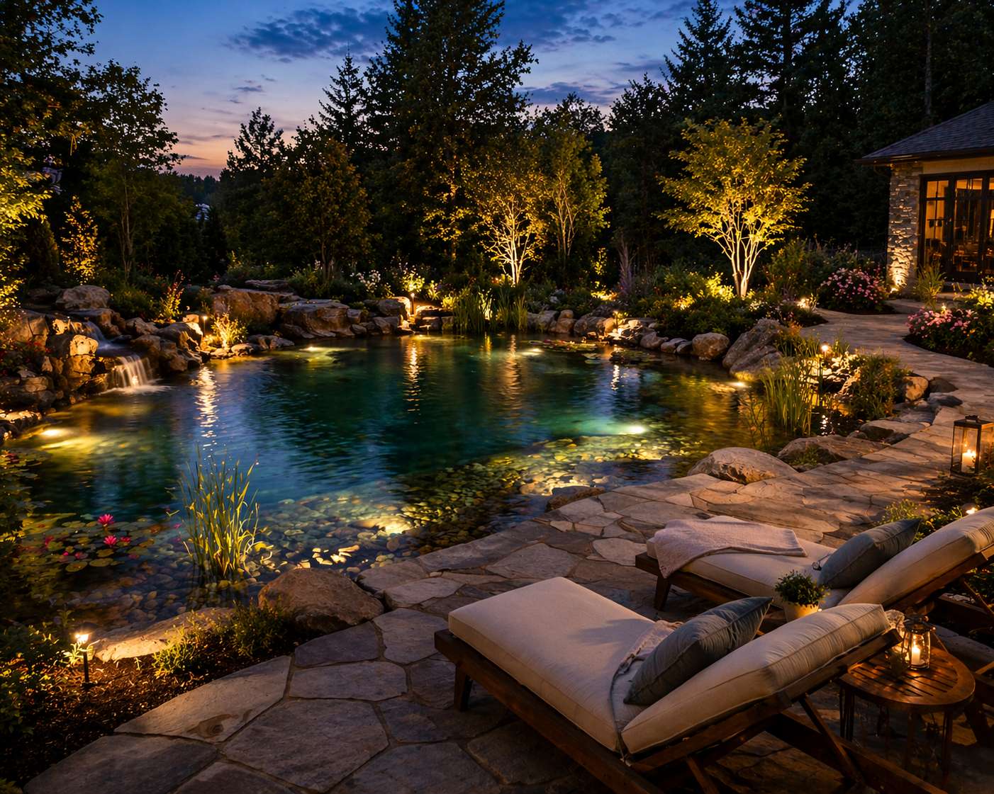 Serene backyard with natural pool, stone landscaping, and lounge chairs at dusk
