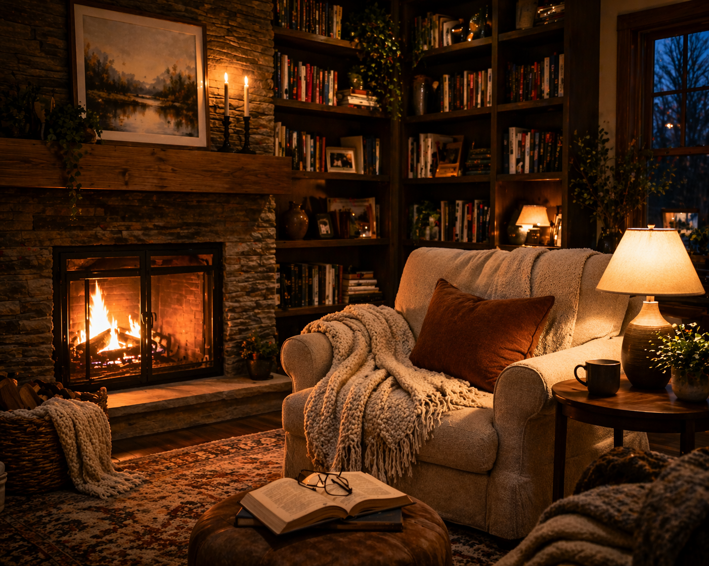 Cozy living room with fireplace, bookshelves, and warm ambient lighting