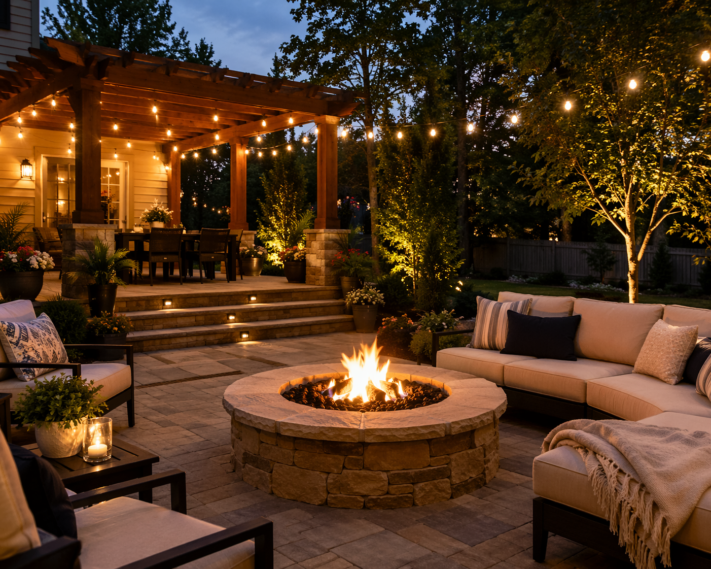 Outdoor patio with fire pit, string lights, and comfortable seating at dusk