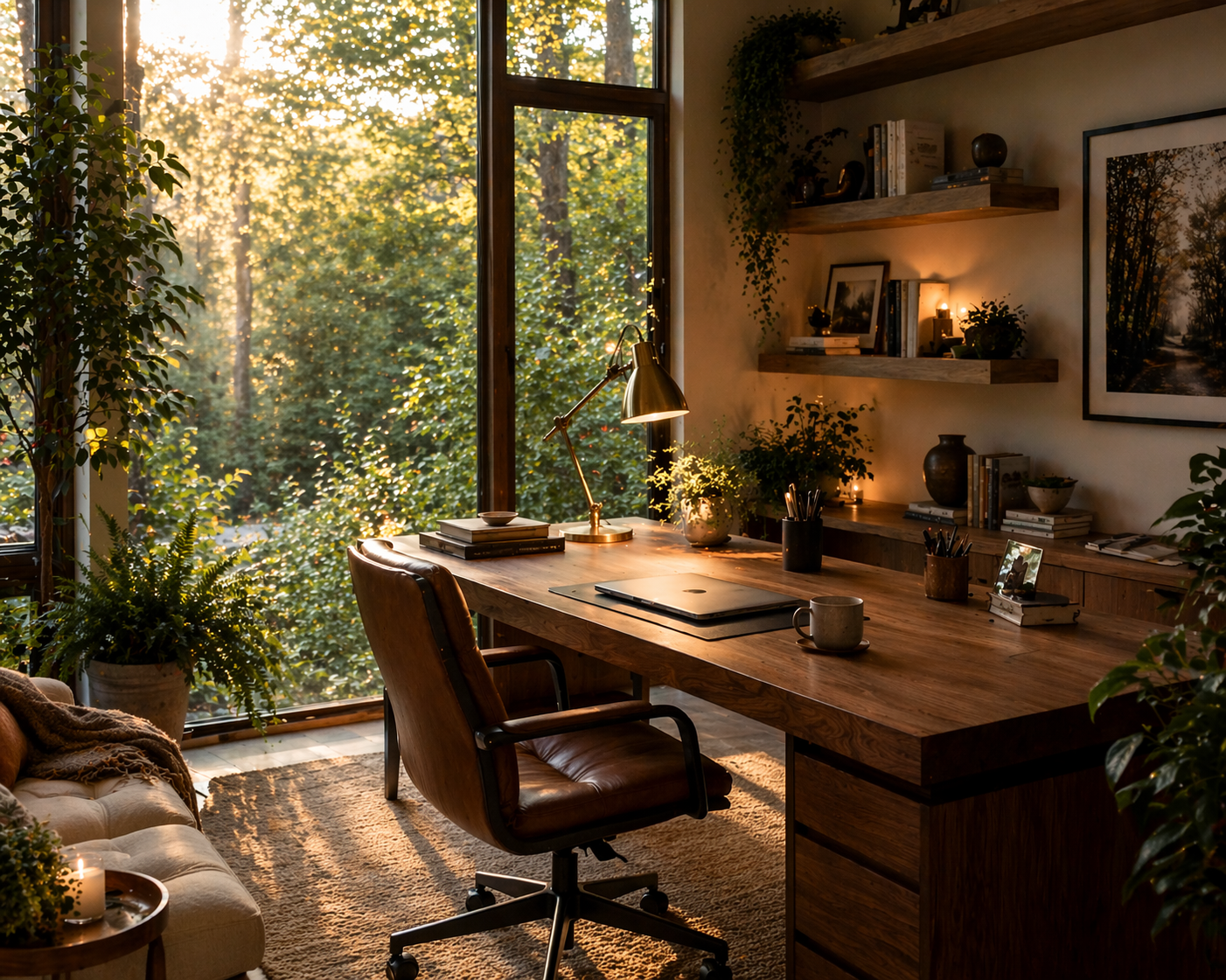 Calm home office with wooden desk, plants, natural light, and warm task lighting