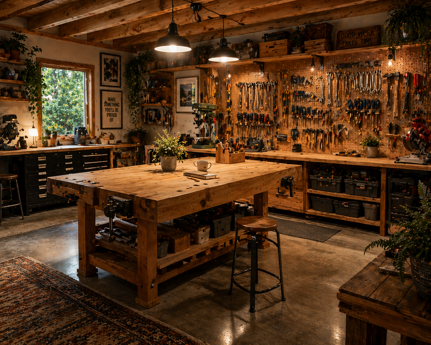Well-organized home workshop with wooden workbench, tools, and warm overhead lighting